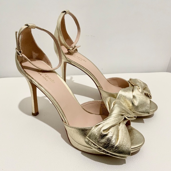 Kate Spade Bridal Bow Gold Leather Platform Sandal Stiletto Heel Evening Pumps 9 - Picture 5 of 10
